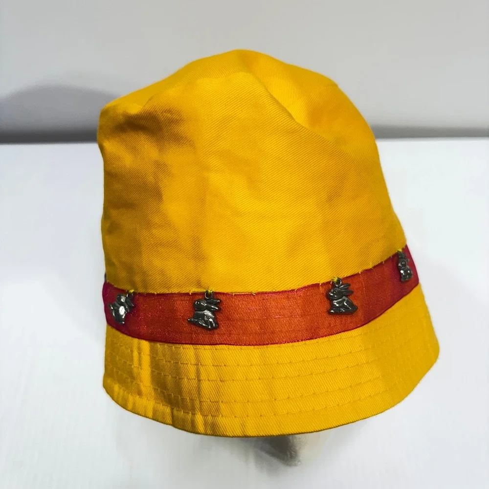 Yellow Bucket Hat with Orange Ribbon and Silver Bunny Charms Bow Detail Kawaii